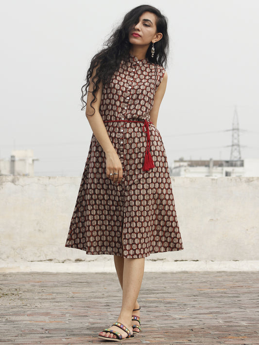 Brown Kashish Maroon Ivory Hand Block Printed Cotton Sleeveless Dress With Front Slit And Tie Up Waist - D89F432