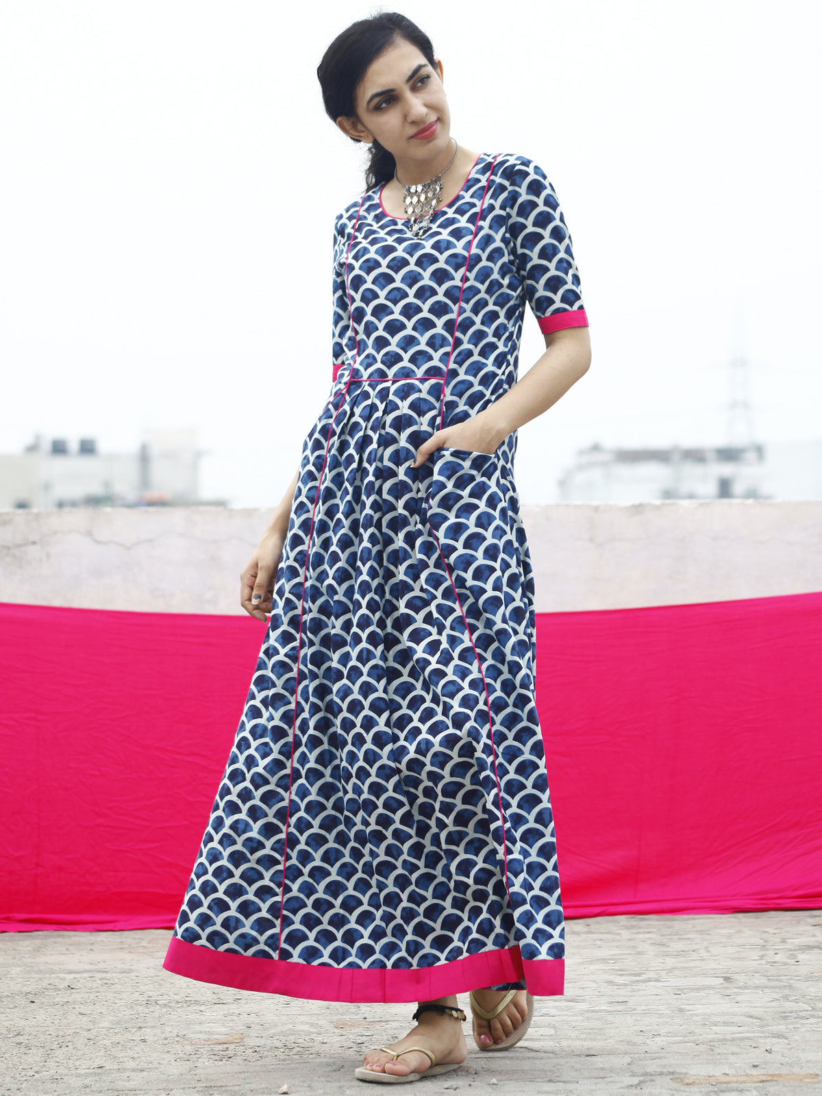 Indigo Ivory Fluorescent Pink Color Hand Block Ajrakh Printed Cotton Knife Pleated Dress - D23F870