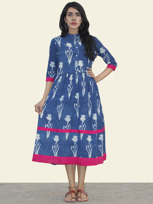 Indigo White Magenta Hand Blocked Cotton Midi Dress With Side Pockets  - D155F903