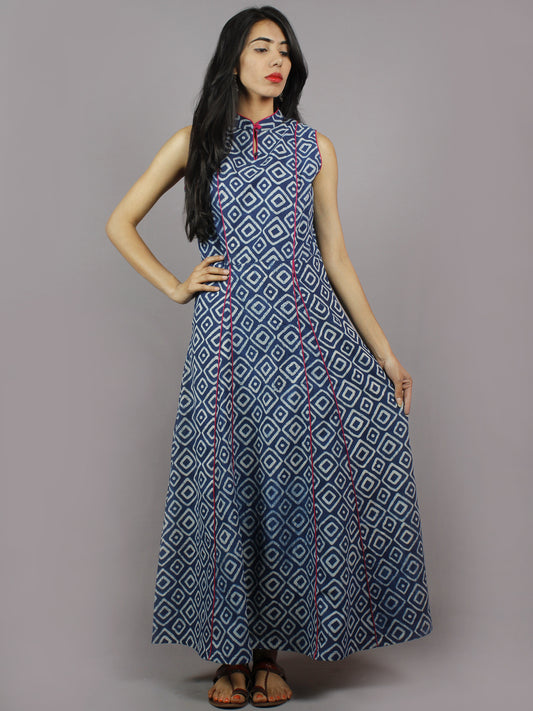 Indigo White Hand Block Printed Princess Line Stand Collar Dress - D40F893