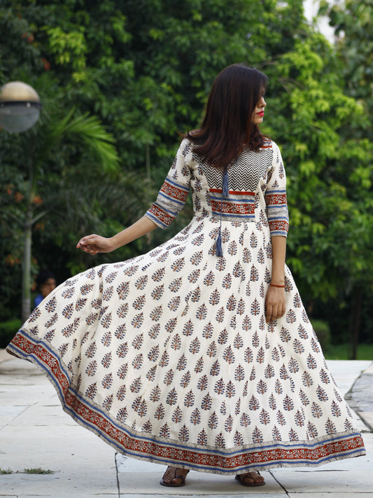 Naaz Ivory Blue Red Black Hand Block Printed Long Cotton Dress with Tassels - DS02F002