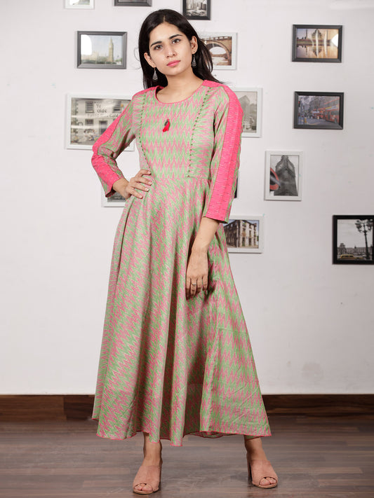 Pink Light Green Handloom Mercerised Ikat Long Cotton Dress - D315F1033