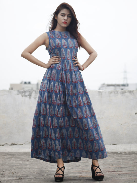 Indigo Maroon Ivory Long Ajrakh Hand Block Printed Cotton Dress With Knife Pleats & Side Pockets - D32F866