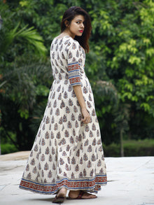 Naaz Ivory Blue Red Black Hand Block Printed Long Cotton Dress with Tassels - DS02F002