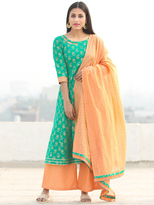 Pakiza - Green Gold Printed Kurta Chanderi Palazzo Set With Dupatta - SS02FYYY