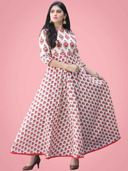 Nusrat - Ivory Red Green Block Printed Urave Cut Long Dress With Tie Up Deep Back - D404F2016