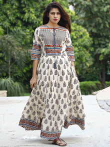 Naaz Ivory Blue Red Black Hand Block Printed Long Cotton Dress with Tassels - DS02F002