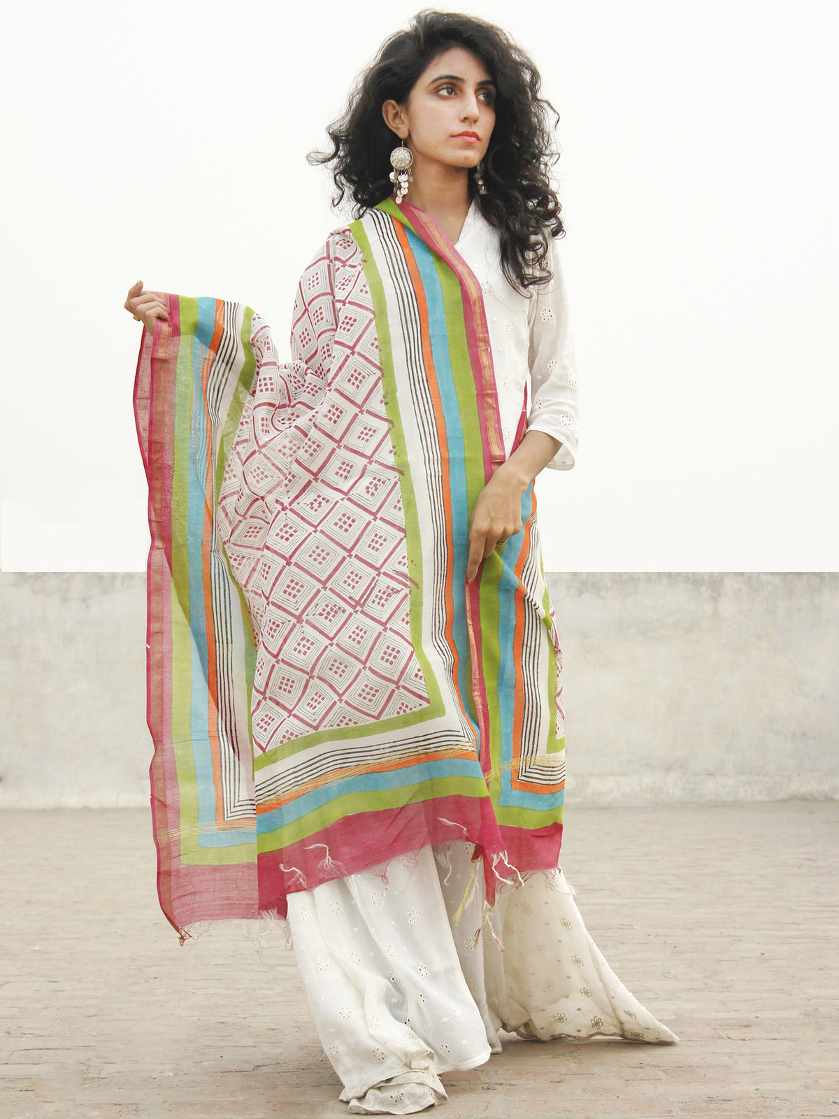 White Green Pink Chanderi Hand Black Printed & Hand Painted Dupatta - D04170249