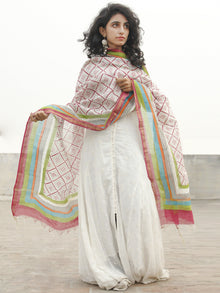 White Green Pink Chanderi Hand Black Printed & Hand Painted Dupatta - D04170249