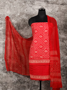 Red Beige Hand Block Printed Cotton Suit-Salwar Fabric With Chiffon Dupatta (Set of 3) - SU01HB366