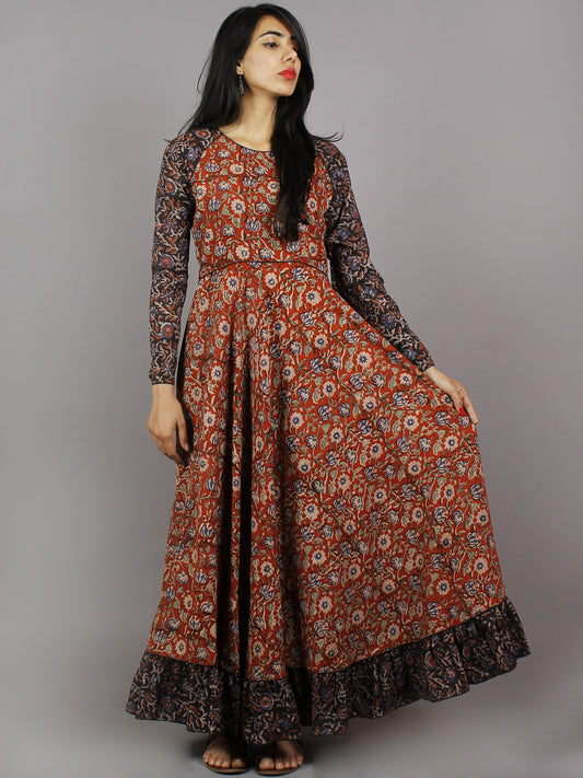 Red Black Beige Green Blue Hand Block Printed Long Cotton Dress With Gather - D0657918