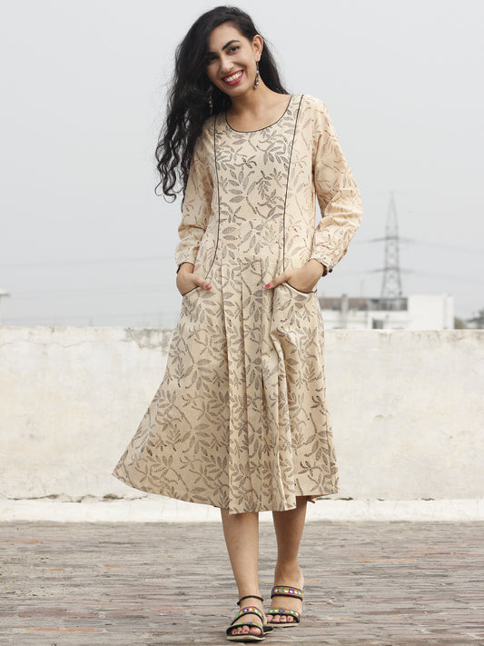 Beige Black Red Hand Block Printed Dress With Peasant Sleeve And Front Pocket - D91F241