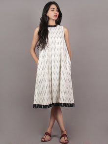 Ivory Black Grey Handwoven Ikat Cotton Sleeveless Dress With Stand Collar With Pleats - D5374302