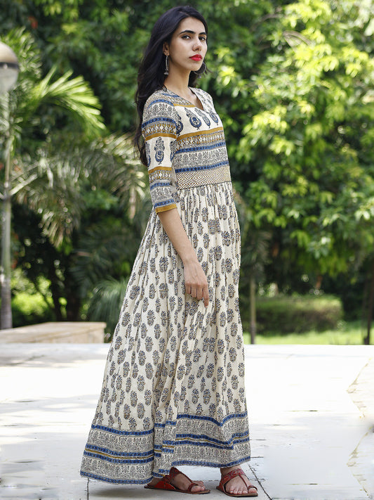 Naaz Aiyla - Ivory Indigo Mustard Black Hand Block Printed Long Cotton Angrakha Dress with Gathers & Lining- DS11F002