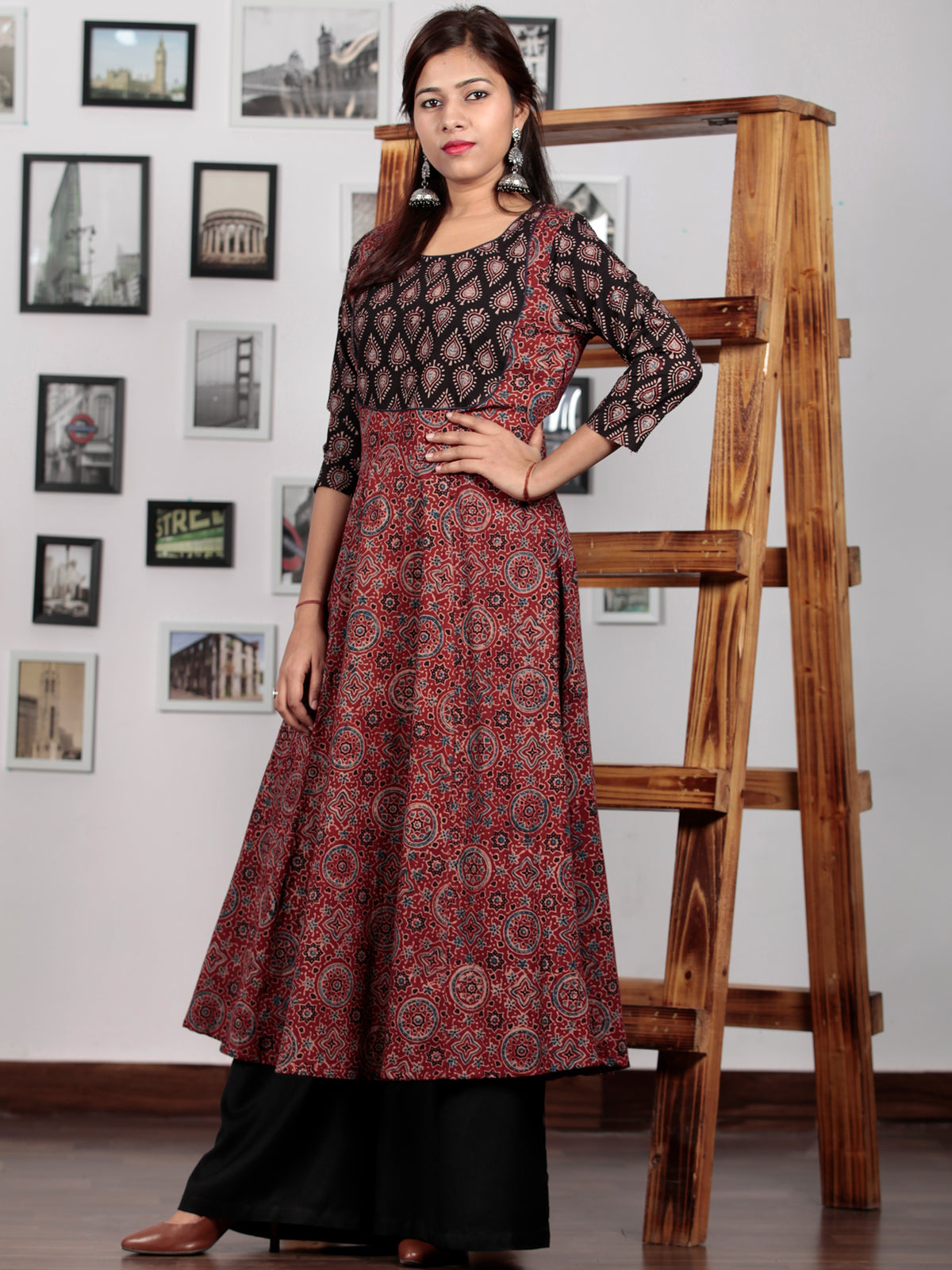 Maroon Black Baby Pink Ajrakh Hand Block Printed Kurta in Natural Colors - K66BP0109