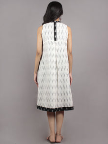 Ivory Black Grey Handwoven Ikat Cotton Sleeveless Dress With Stand Collar With Pleats - D5374302