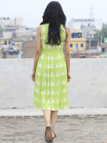 Chartreuse Green Ivory Handwoven Double Ikat Pleated Sleeveless Dress With Side Pockets & Back Zip  - D65F006