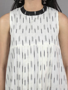 Ivory Black Grey Handwoven Ikat Cotton Sleeveless Dress With Stand Collar With Pleats - D5374302