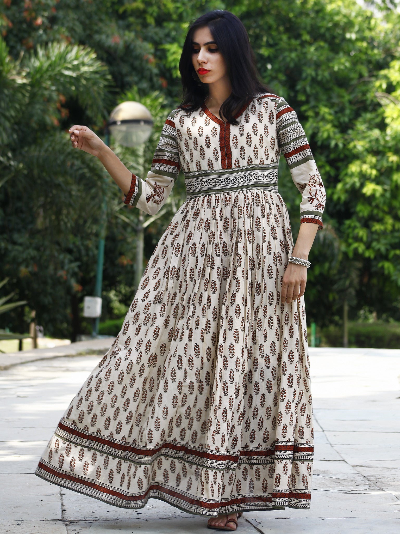 Naaz Ivory Olive Green Maroon Black Hand Block Printed Long Cotton Dre ...