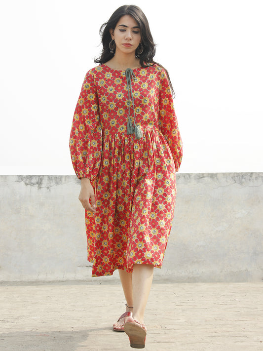 Coral Red Mustard Olive Green Black Hand Block Printed Cotton Dress with Peasant Sleeves    - D164F1092