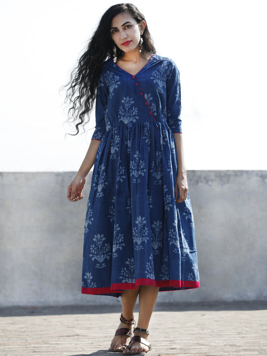 Indigo Magenta Hand Block Printed Cotton Midi Length Dress With Angrakha Neck - D192F904