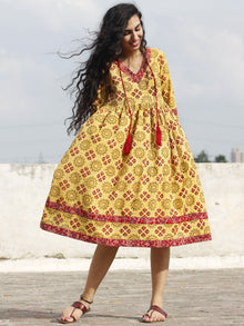 Yellow Maroon Black Ajrakh Hand Block Printed Cotton Dress With Tassels - D73F865