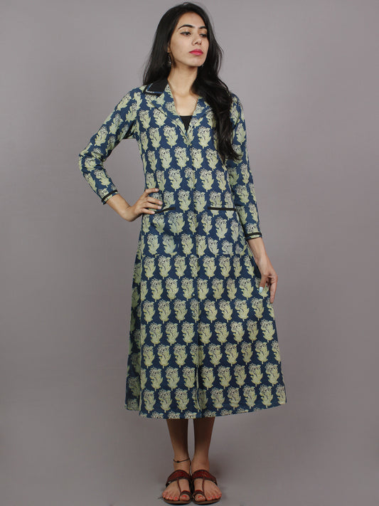 Indigo Mint Green Black Ajrakh Printed Cotton Dress With Front Pockets - D4764201