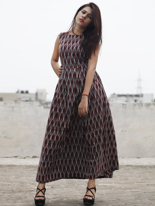 Rust Grey Ivory Long Sleeveless Handwoven Ikat Dress With Knife Pleats & Side Pockets - D32F973