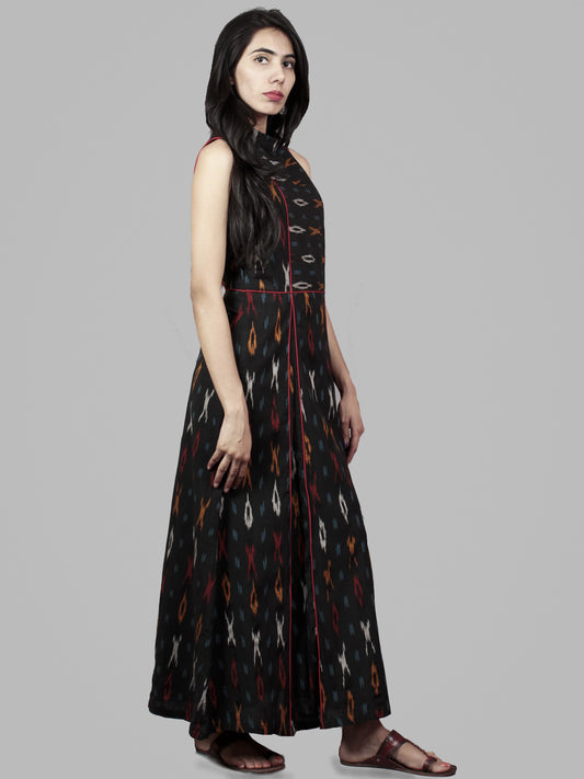 Black White Orange Ikat Long Printed Princess Line Stand Collar Dress - D40F893