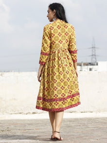 Yellow Maroon Black Ajrakh Hand Block Printed Cotton Dress With Tassels - D73F865