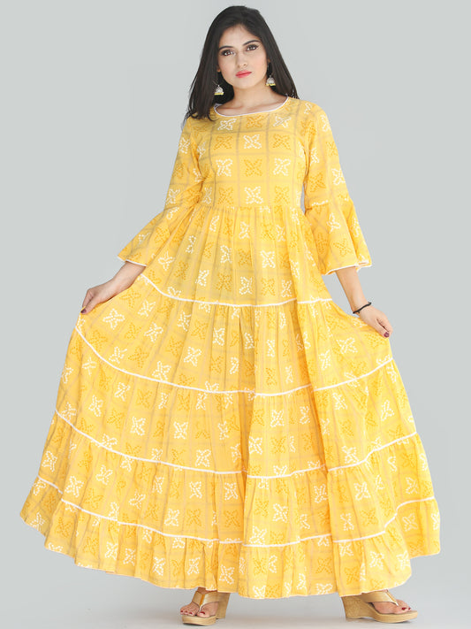 Maira - Yellow Bandhani Printed Tier Long Dress With Lace Insert - D407F2204