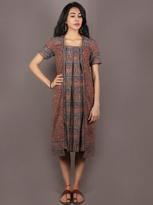 Indigo Maroon Brown Ajrakh Printed Front Pleated Cotton Dress - D1847701