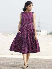 Purple Magenta Sleeveless Hand Block Printed Cotton Dress With Knife Pleats & Side Pockets - D93F466