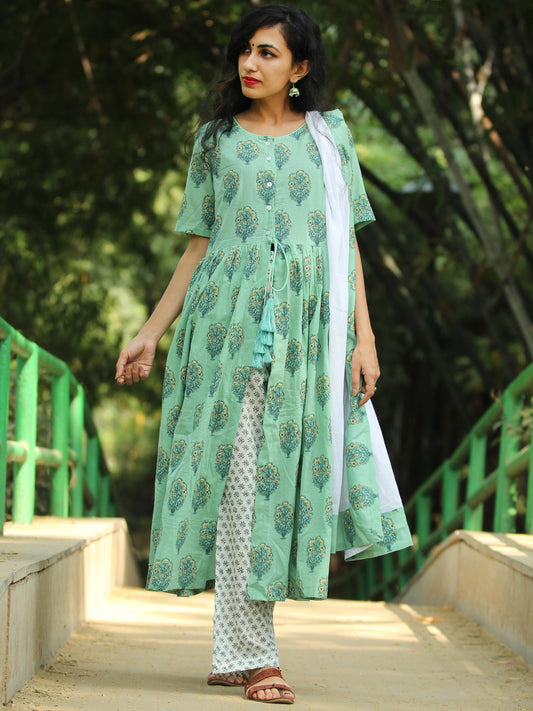 High Slit - Block Printed Kurta Set With Dupatta - SS01F1864