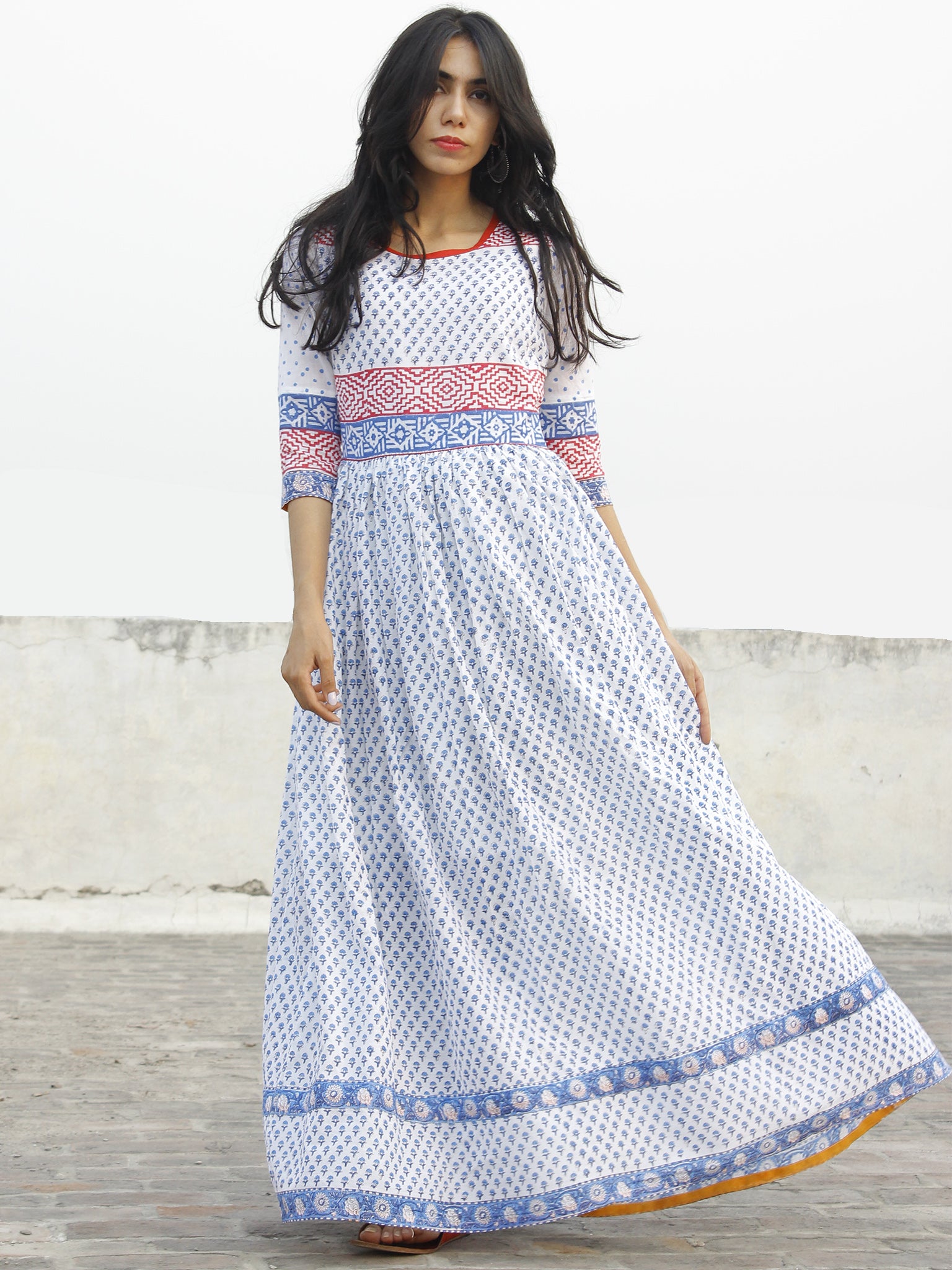 Naaz Chandni - White Red Blue Hand Block Printed Dress With Gathers- D ...