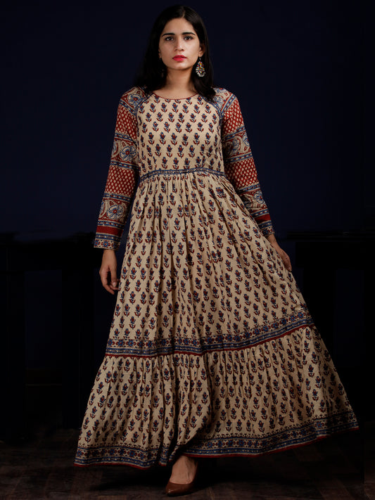 Naaz Aissa - Beige Indigo Red Hand Block Printed Long Cotton Raglan Sleeves Dress - DS64F001