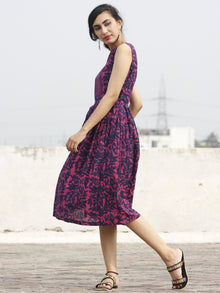 Purple Magenta Sleeveless Hand Block Printed Cotton Dress With Knife Pleats & Side Pockets - D93F466