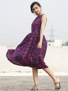 Purple Magenta Sleeveless Hand Block Printed Cotton Dress With Knife Pleats & Side Pockets - D93F466