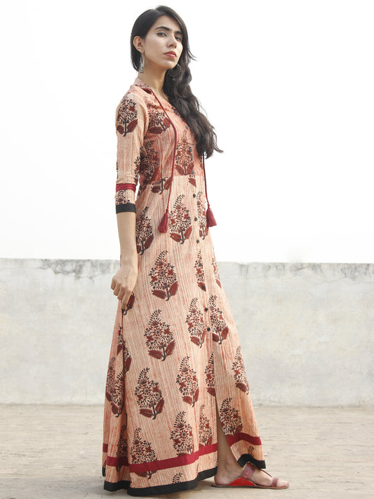 Beige Maroon Black Hand Blocked Cotton Long Dress With Stand Collar  - D165F1156