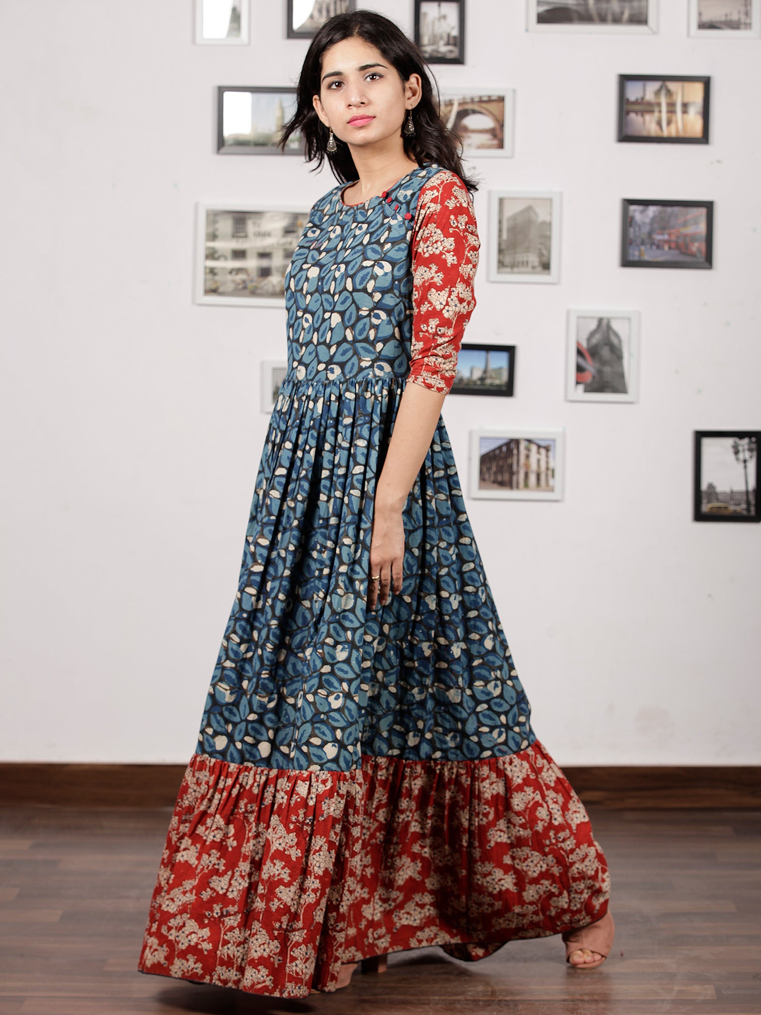 Indigo Black Red White Hand Block Printed Long Cotton Tier Dress - D22 ...