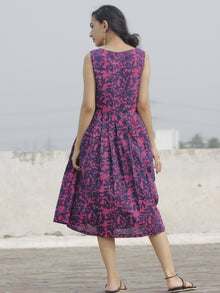 Purple Magenta Sleeveless Hand Block Printed Cotton Dress With Knife Pleats & Side Pockets - D93F466