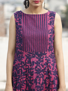 Purple Magenta Sleeveless Hand Block Printed Cotton Dress With Knife Pleats & Side Pockets - D93F466