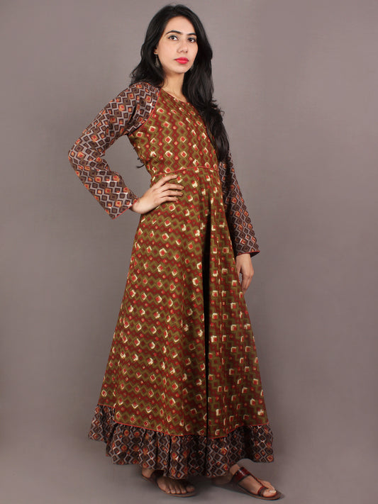 Hand Block Printed Long Cotton Dress With Gather