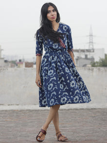 Indigo Ivory Maroon Hand Block Printed Cotton Angrakha Dress With Elasticated Waist - D96F448