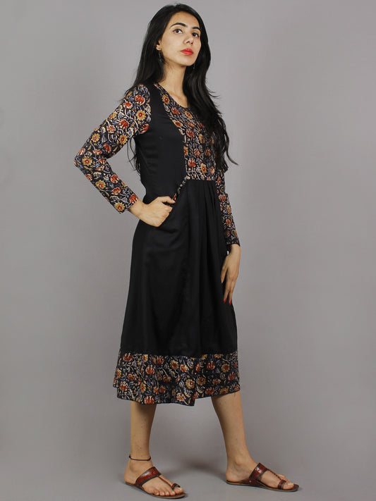 Black Maroon Blue Hand Block Printed Cotton & Rayon Midi Dress With Side Pockets - D3559501