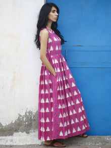 Levander White Long Sleeveless Handwoven Double Ikat Dress With Knife Pleats & Side Pockets - D32F013