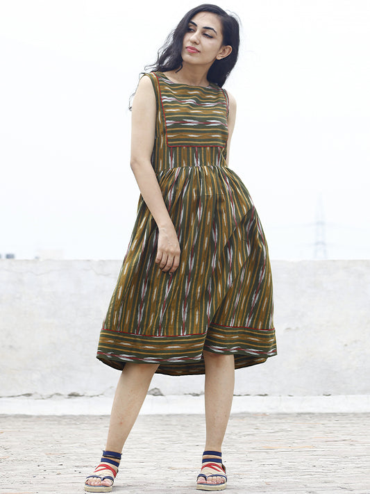 Olive Green Mustard Maroon Ivory Ikat Sleeveless Dress With Gathers & Side Pockets -  D68F742