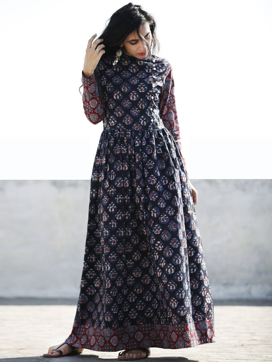 Indigo Plum Hand Block Printed Cotton Long Dress With Stand Collar - D194F1222