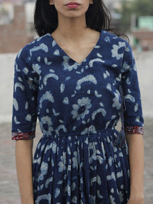 Indigo Ivory Maroon Hand Block Printed Cotton Angrakha Dress With Elasticated Waist - D96F448