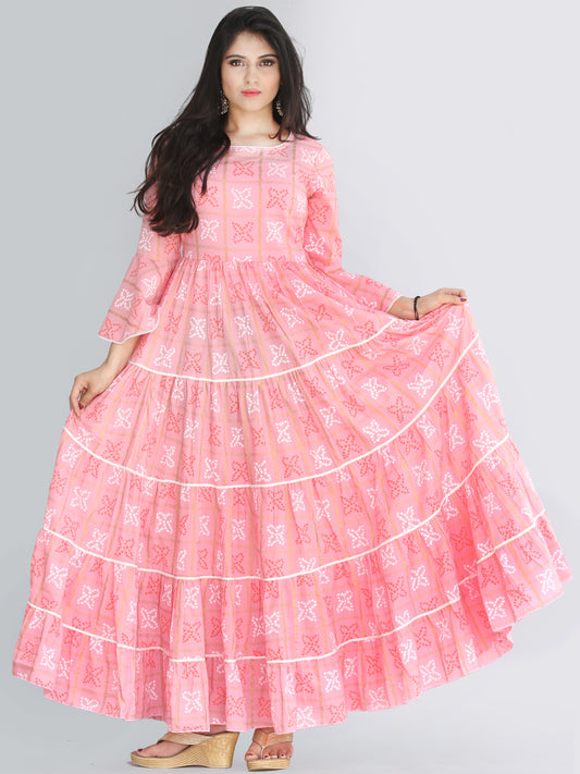 Maira - Pink Bandhani Printed Tier Long Dress With Lace Insert - D407F2205